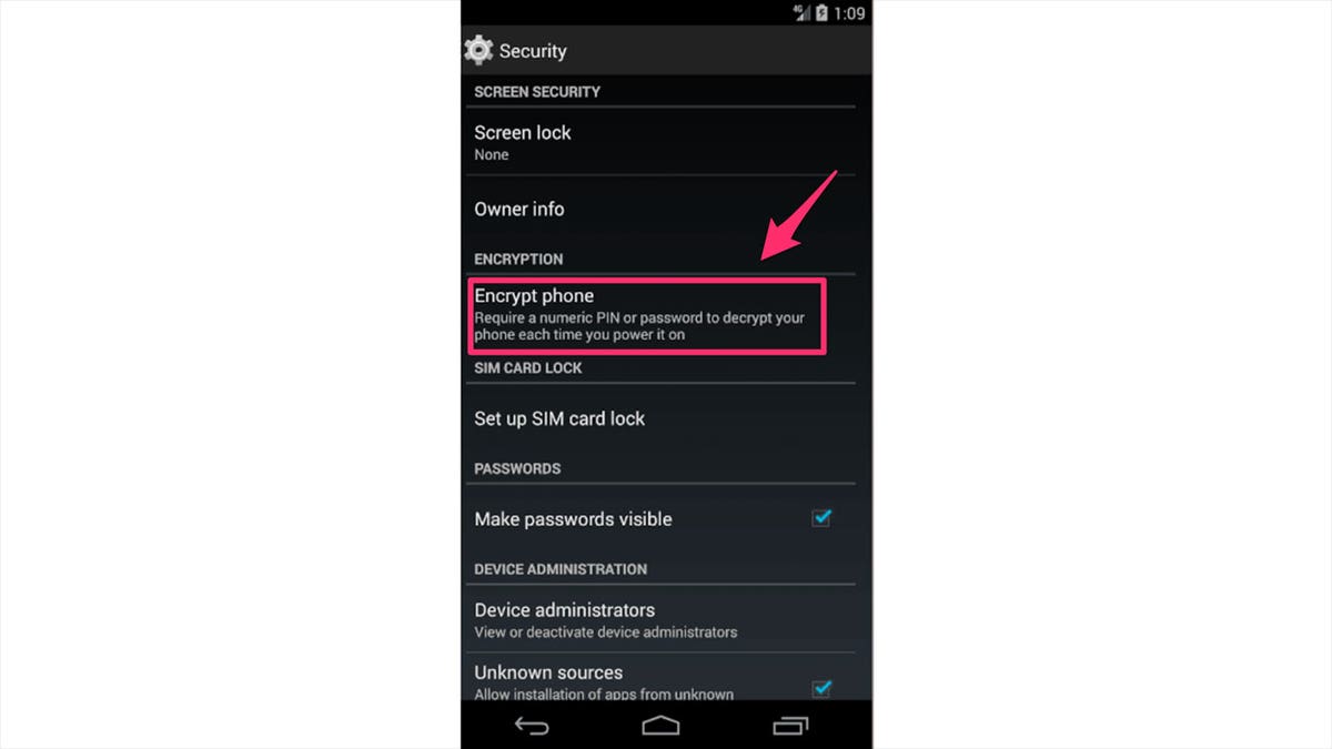 screenshot of phone security settings screen